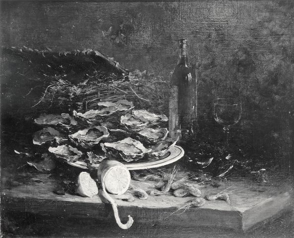 Anonimo — Anonimo italiano sec. XIX - Natura morta con ostriche, gamberi, bottiglia e limone — insieme